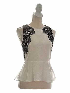 Gracia White Peplum Sleeveless Blouse with Black Lace Detail-Size S-Like New!